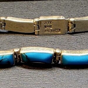 Vintage .950 Fine Silver Mexico ATI Inlayed Turquoise 6.5” Western  Bracelet